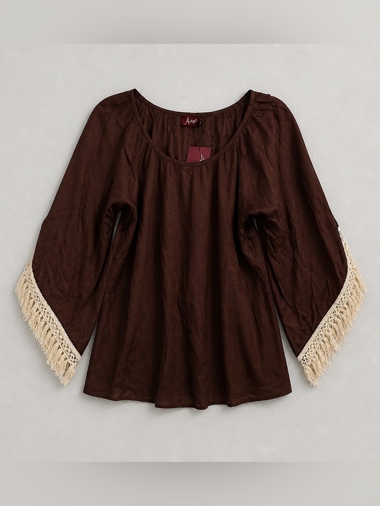 Avanti Tops - Avanti Brown Tunic with Cream Fringe Sleeves